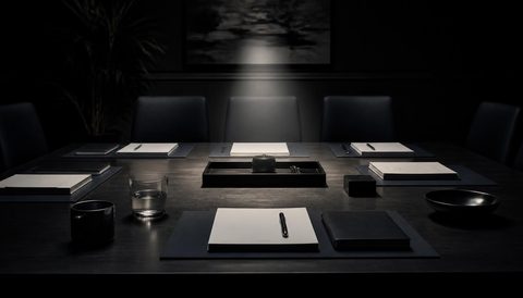 Abstract meeting room and stage motif showing performed alignment and hidden conversation.